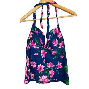 Sol Collective Navy Blue Pink Floral Halter Tankini Swim Top 36D CA34371